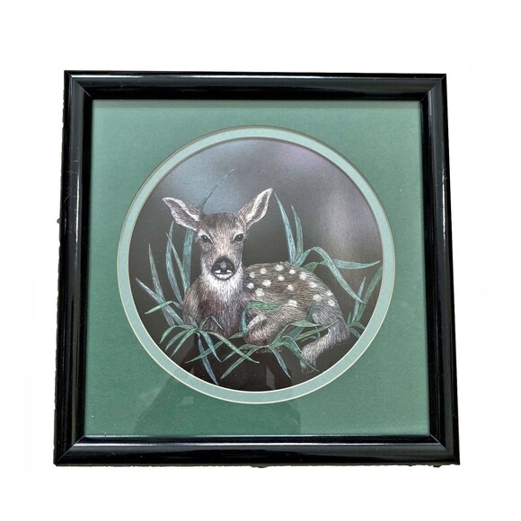 Sharon Wald Signed Scratchboard Original Whitetail Deer Fawn Etching Framed Vtg - Picture 1 of 7